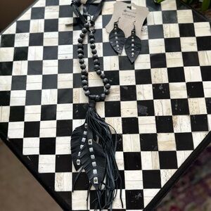 Jewelry Set Boho Western Leather Black Chunky Necklace Bracelet Earrings